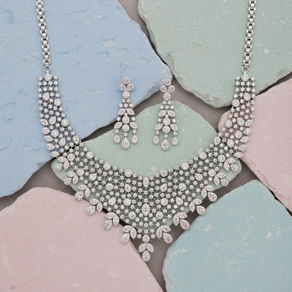 441737 Cz Classic Necklace Set Set With 2 Tone Rhodium Plating