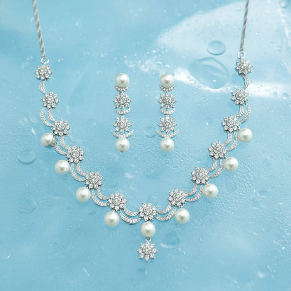 441760 American Diamond Classic Necklace Set With 2 Tone Rhodium Plating