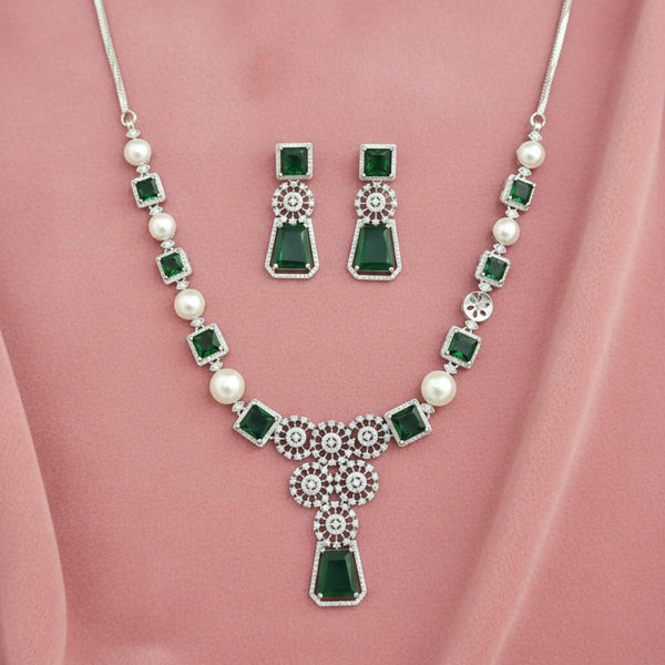 441763 American Diamond Classic Necklace Set With Rhodium Plating