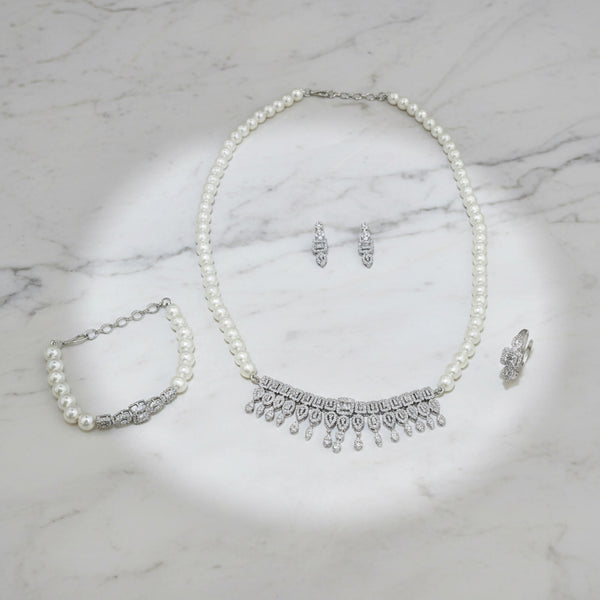 441786 American Diamond Moti Pendant Set With 2 Tone Rhodium Plating