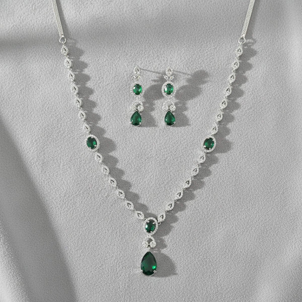 441791 American Diamond Classic Necklace Set With Rhodium Plating