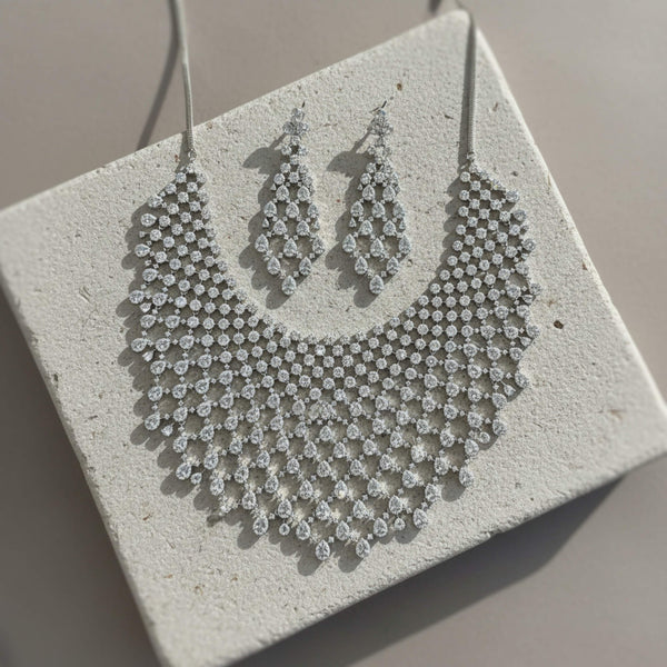 441801 American Diamond Classic Necklace Set With 2 Tone Rhodium Plating