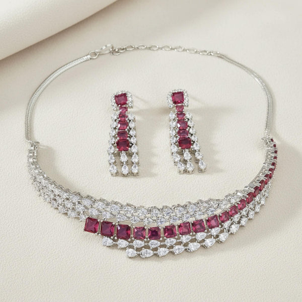 441817 American Diamond Classic Necklace Set With Rhodium Plating