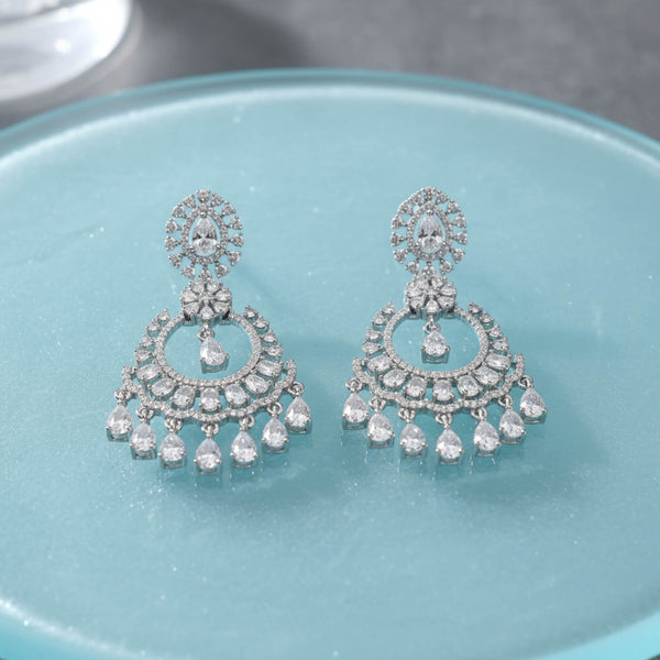441826 American Diamond Classic Earring With 2 Tone Rhodium Mehndi Plating