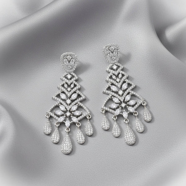 441827 American Diamond Classic Earring With 2 Tone Rhodium Mehndi Plating