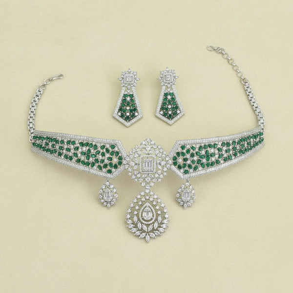 441856 American Diamond Choker Necklace Set With Rhodium Plating