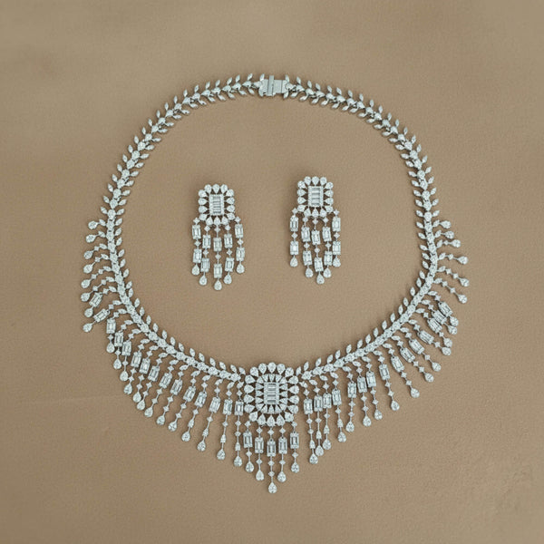 441857 American Diamond Classic Necklace Set With 2 Tone Rhodium Mehndi Plating