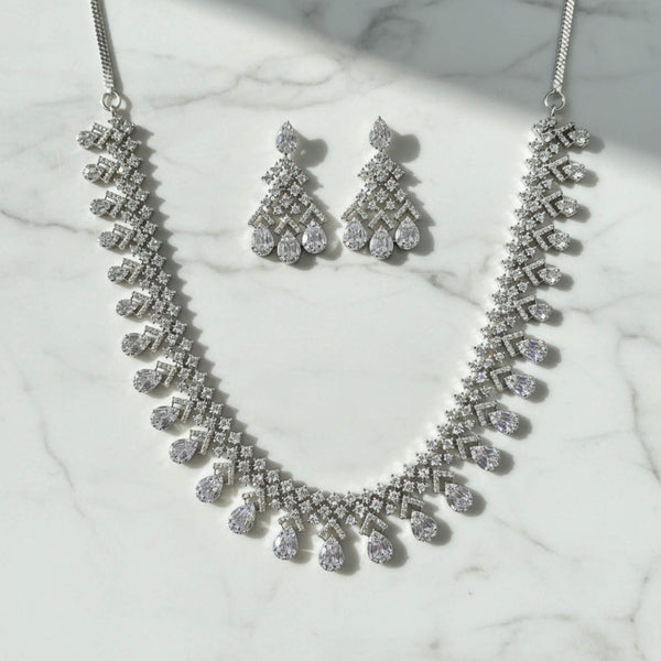 441862 American Diamond Classic Necklace Set With 2 Tone Rhodium Plating