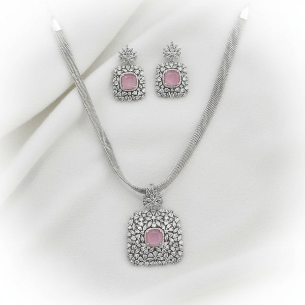 441885 American Diamond Classic Pendant Set With Rhodium Plating