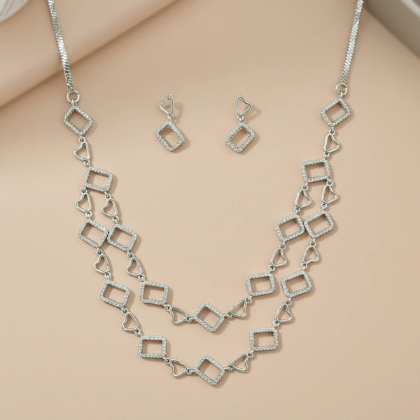 442010 Cz Classic Necklace Set With 2 Tone Rhodium Plating