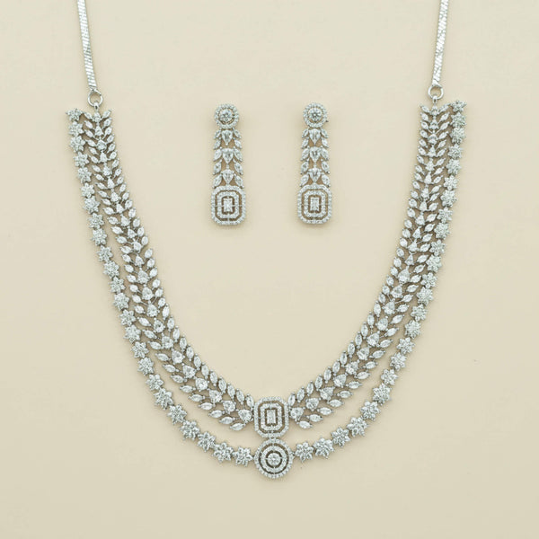 442011 Cz Classic Necklace Set With 2 Tone Rhodium Plating