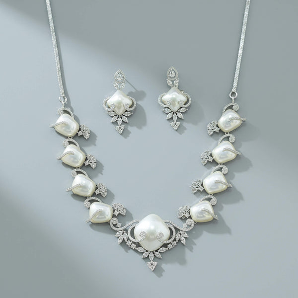 442018 Cz Classic Necklace Set With 2 Tone Rhodium Plating