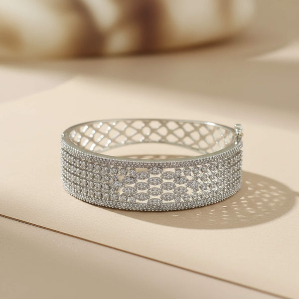 442153 Cubic Zirconia Openable Kada With Mehndi 2 Tone Rhodium Plating