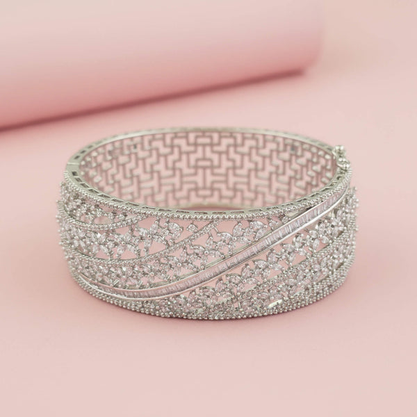 442173 Cubic Zirconia Openable Kada With Mehndi 2 Tone Rhodium Plating