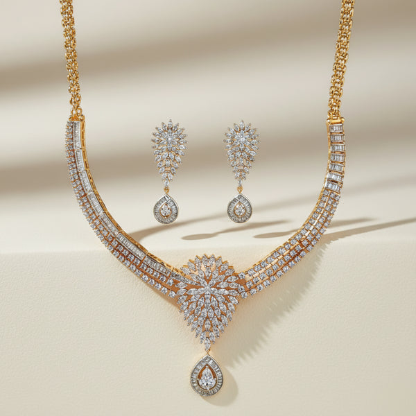 442194 Cubic Zirconia Classic Necklace Set With Carat 2 Tone Rhodium Plating