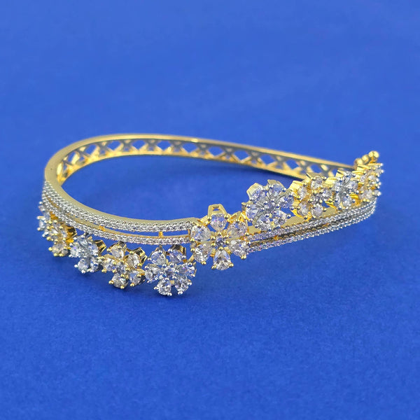 442206 Cubic Zirconia Openable Kada With Mehndi 2 Tone Rhodium Plating