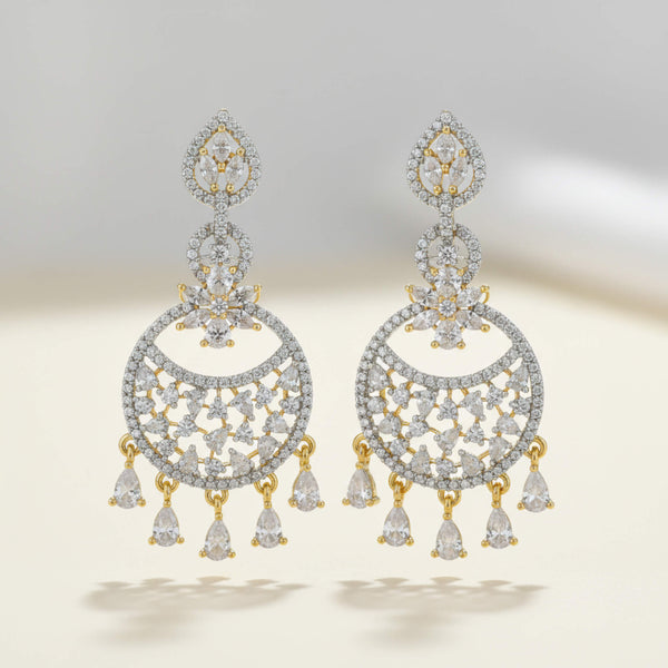 442234 Cz Classic Earring With Mehndi 2 Tone Rhodium Plating