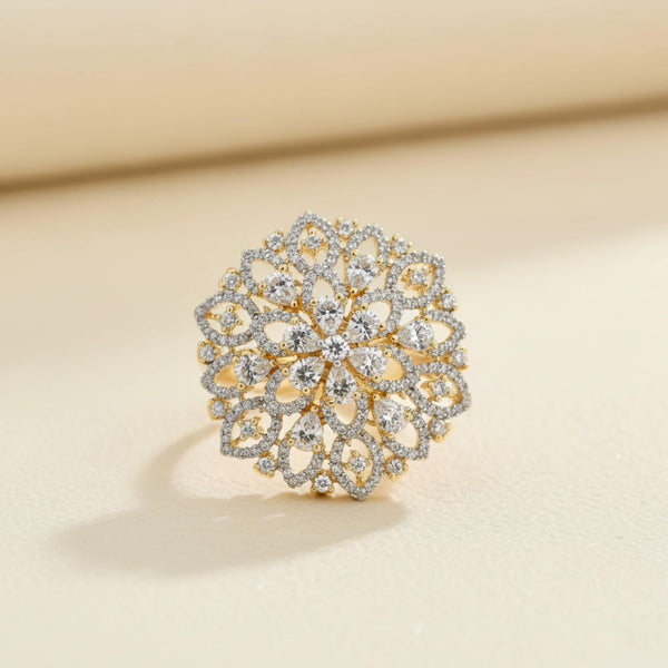 442283 Cz Adjustable Ring With Mehndi 2 Tone Rhodium Plating