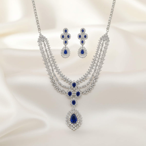 442337 Cz 3 Line Necklace Set With Rhodium Plating