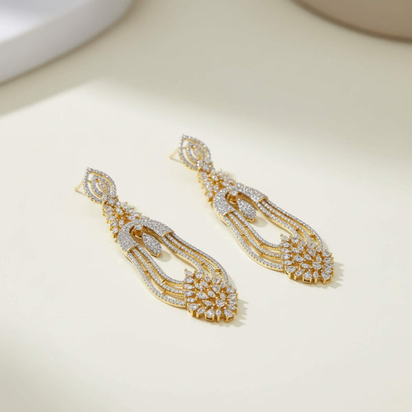 442345 Cz Long Earring With Mehndi 2 Tone Rhodium Plating