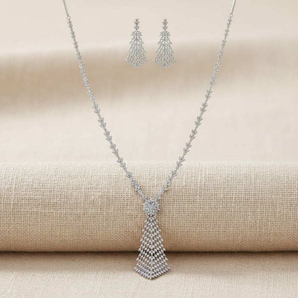 442373 Cubic Zirconia Long Necklace Set With 2 Tone Rhodium Plating