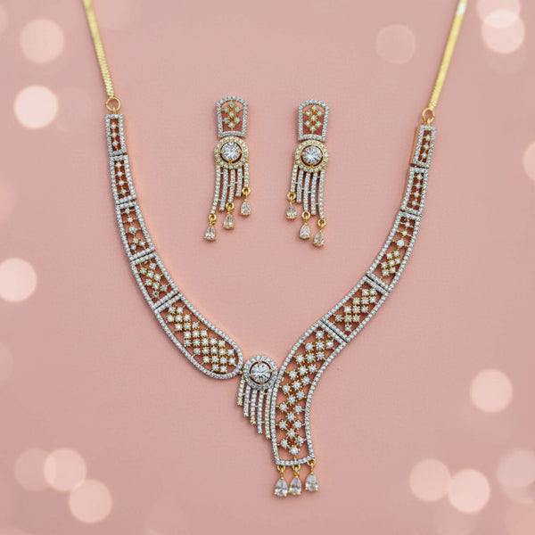 442452 Cubic Zirconia Classic Necklace Set With Mehndi 2 Tone Rhodium Plating