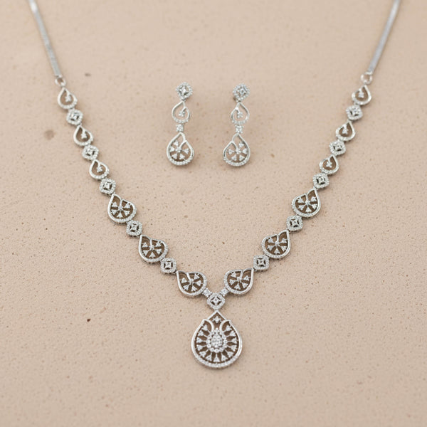 442454 Cubic Zirconia Classic Necklace Set With 2 Tone Rhodium Plating