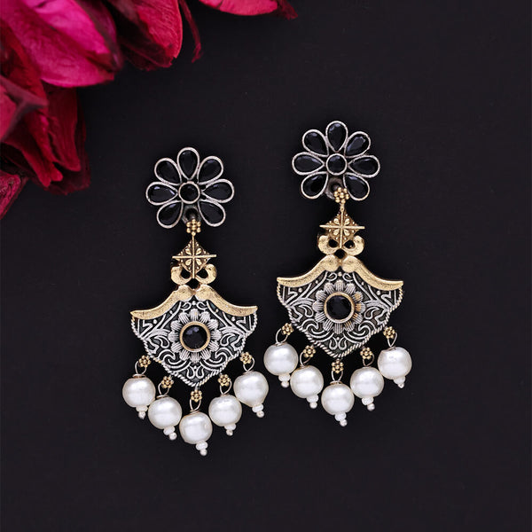 807526 Oxidised Moti Earring With 2 Tone Plating