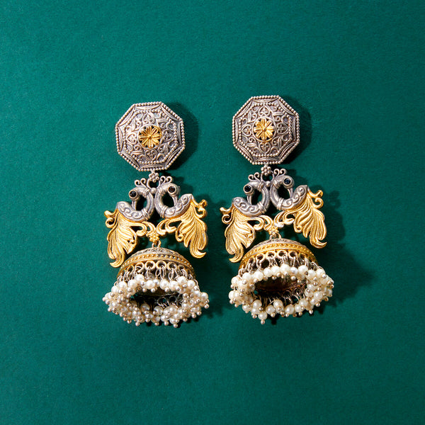 808197 Oxidised Peacock Jhumki With 2 Tone Plating