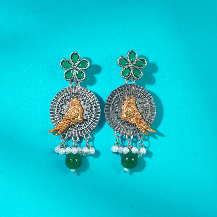 Oxidised Peacock Earring With 2 Tone Plating 808334