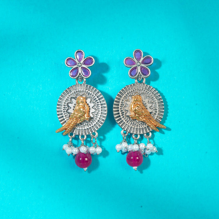 Oxidised Peacock Earring With 2 Tone Plating 808334