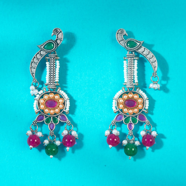 Oxidised Peacock Earring With 2 Tone Plating 808398