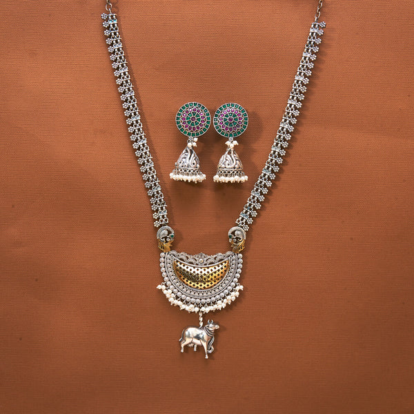 808501 Oxidised Long Necklace With 2 Tone Plating