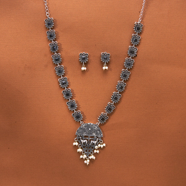 808591 Moti Necklace With Oxidised Plating